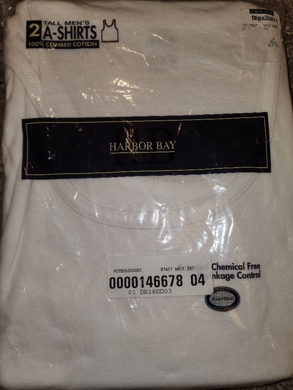 Harbor Bay Tall Men’s A -Shirt White Tank Top – 2 Pack 3XLT (54-56) NWT